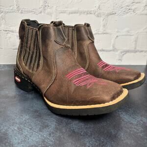Campero Cowgirl Western Chelsea Boots Brown Leather Pink Stitching Sz 39, US 8.5